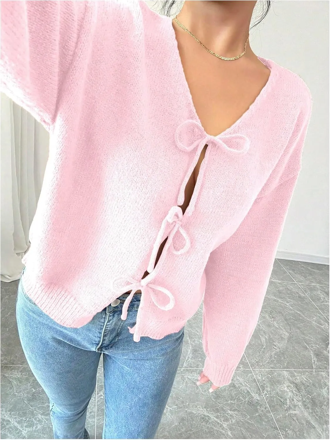 MakeMeChic Women's V Neck Tie Front Long Sleeve Sweater Cardigan Drop Shoulder Knitted Outerwear