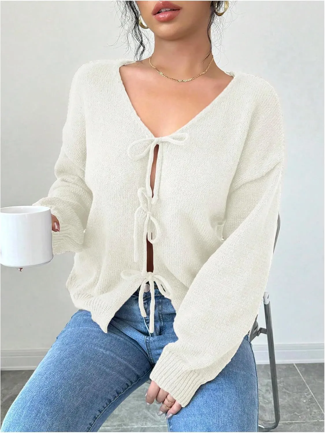 MakeMeChic Women's V Neck Tie Front Long Sleeve Sweater Cardigan Drop Shoulder Knitted Outerwear