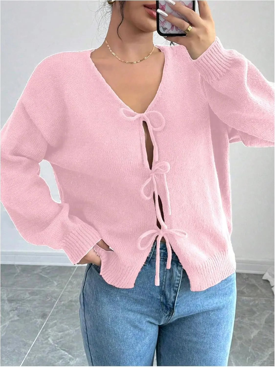 MakeMeChic Women's V Neck Tie Front Long Sleeve Sweater Cardigan Drop Shoulder Knitted Outerwear