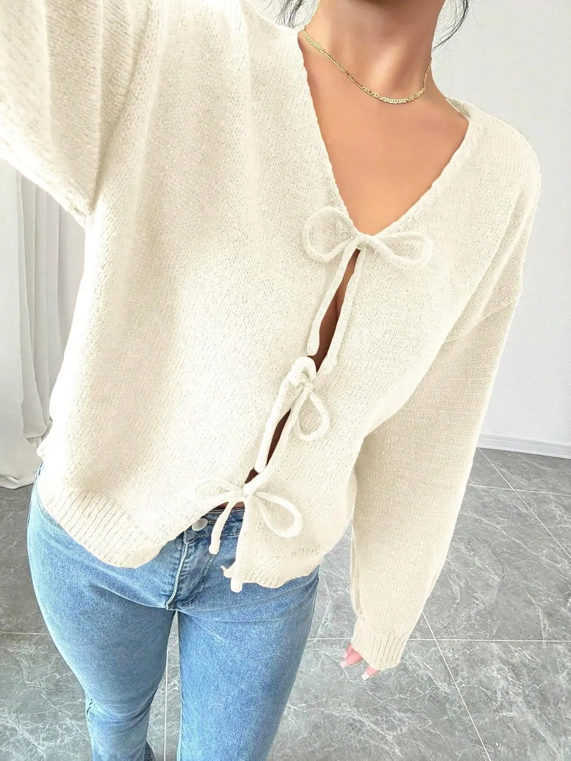 MakeMeChic Women's V Neck Tie Front Long Sleeve Sweater Cardigan Drop Shoulder Knitted Outerwear