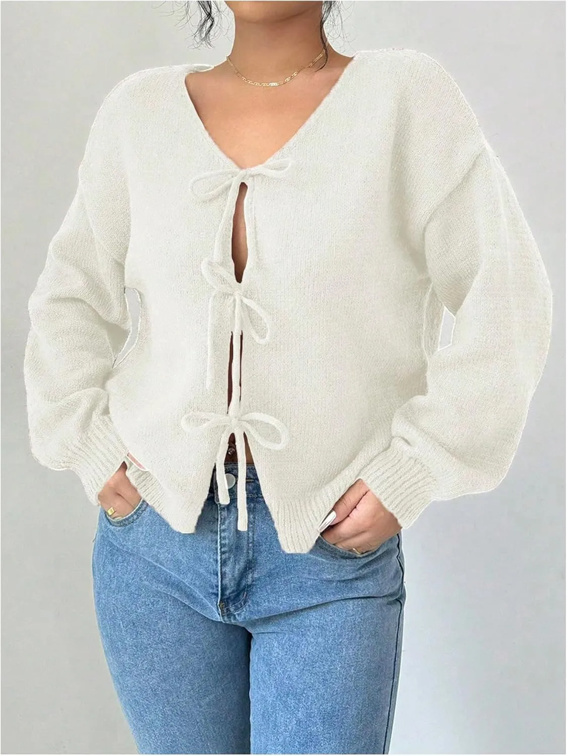 MakeMeChic Women's V Neck Tie Front Long Sleeve Sweater Cardigan Drop Shoulder Knitted Outerwear