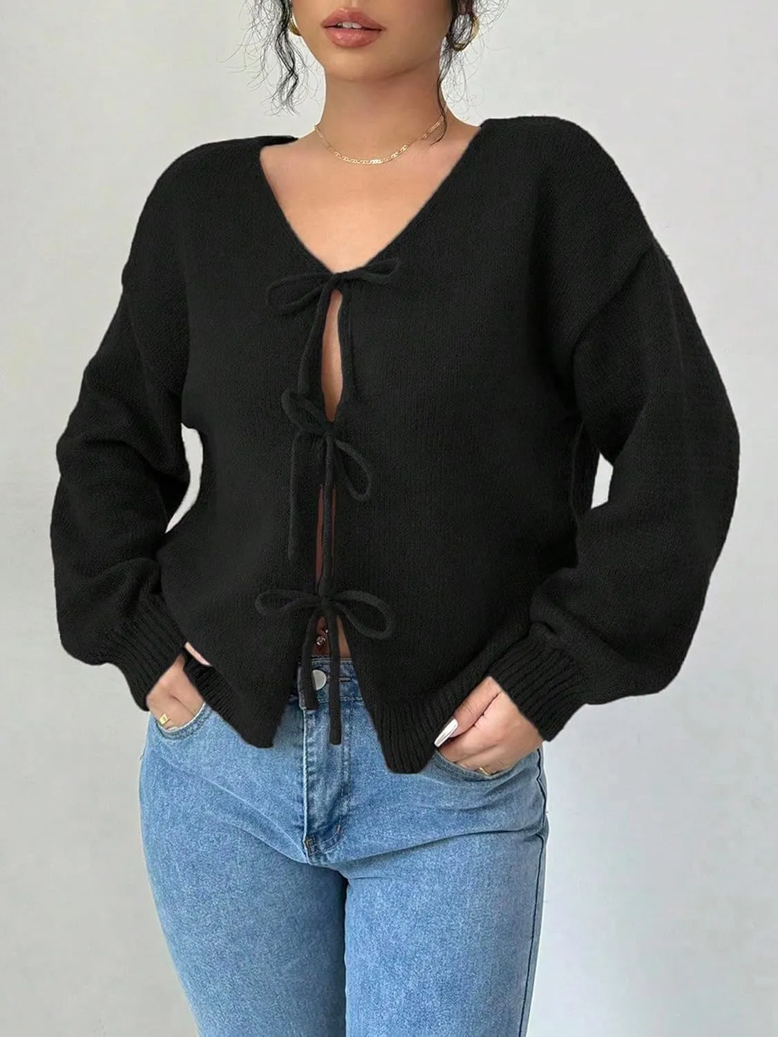 MakeMeChic Women's V Neck Tie Front Long Sleeve Sweater Cardigan Drop Shoulder Knitted Outerwear