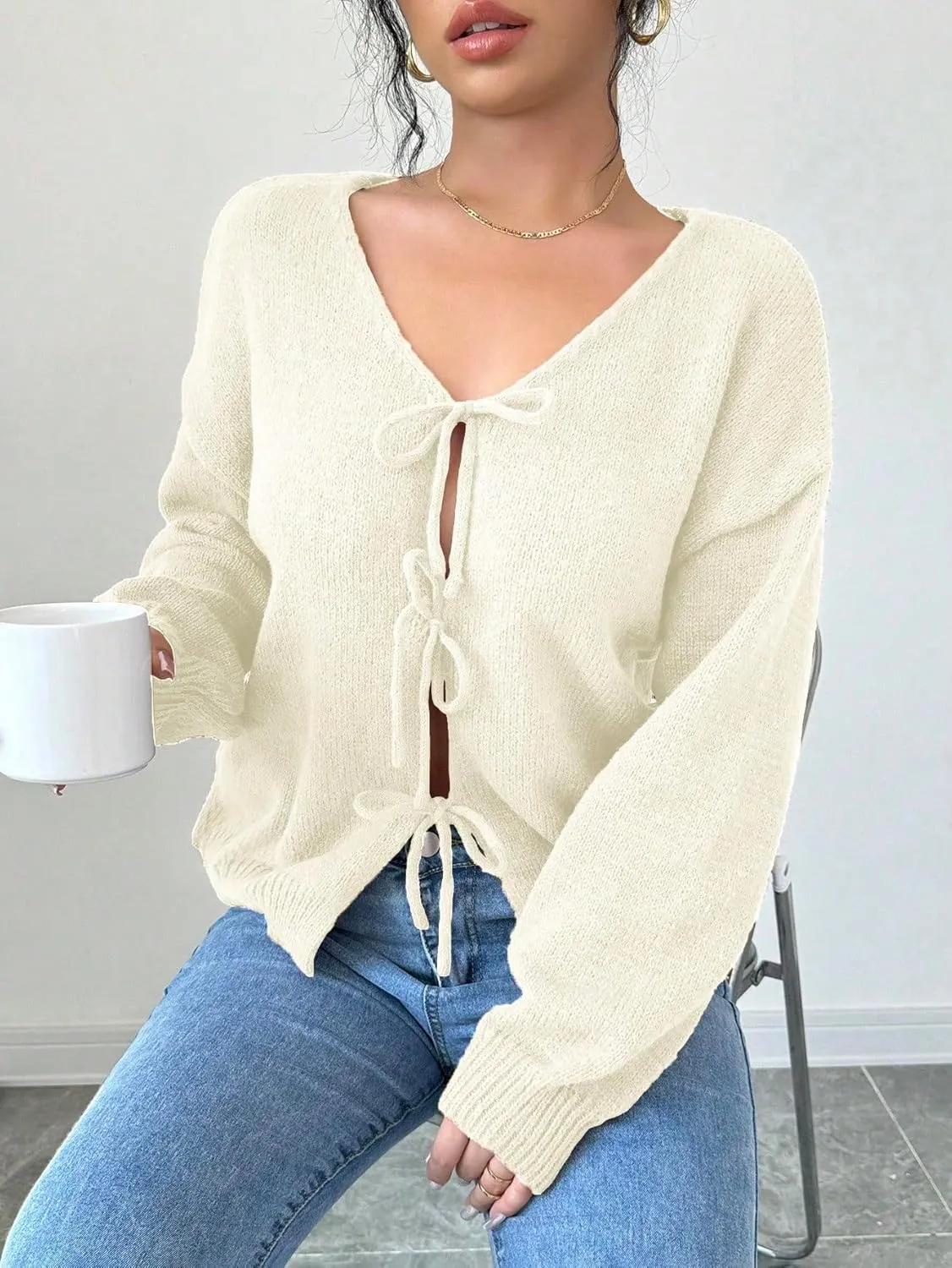 MakeMeChic Women's V Neck Tie Front Long Sleeve Sweater Cardigan Drop Shoulder Knitted Outerwear