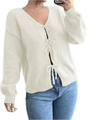MakeMeChic Women's V Neck Tie Front Long Sleeve Sweater Cardigan Drop Shoulder Knitted Outerwear