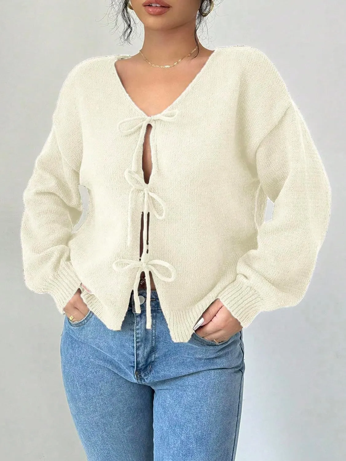 MakeMeChic Women's V Neck Tie Front Long Sleeve Sweater Cardigan Drop Shoulder Knitted Outerwear