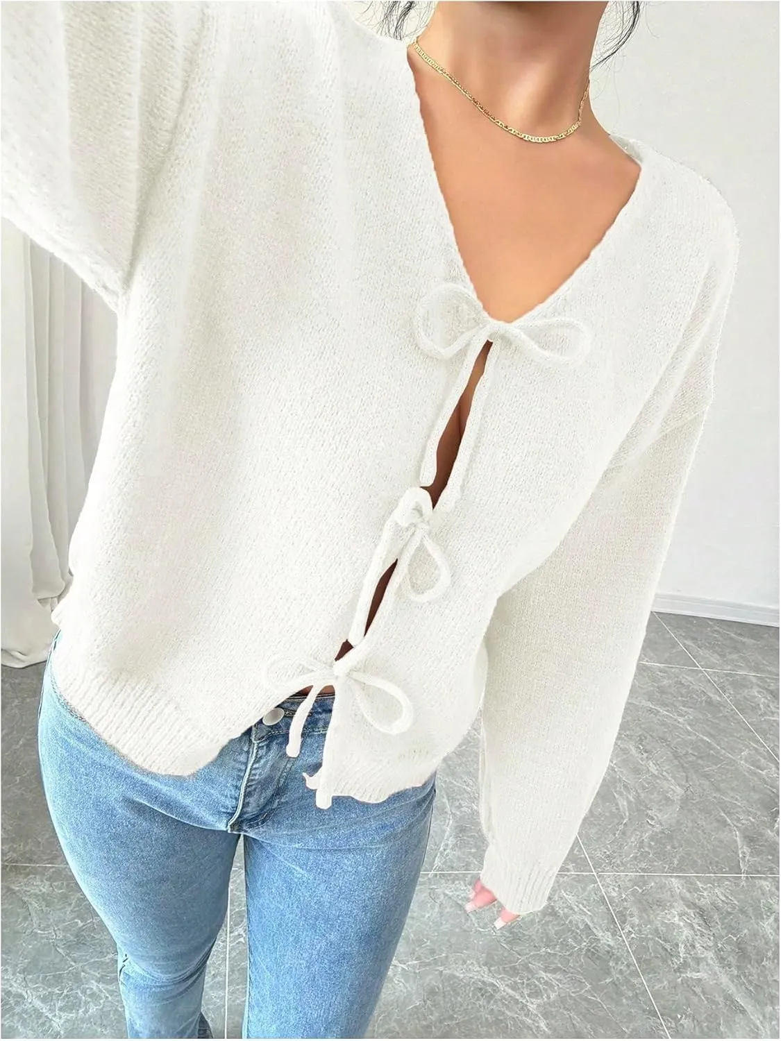 MakeMeChic Women's V Neck Tie Front Long Sleeve Sweater Cardigan Drop Shoulder Knitted Outerwear
