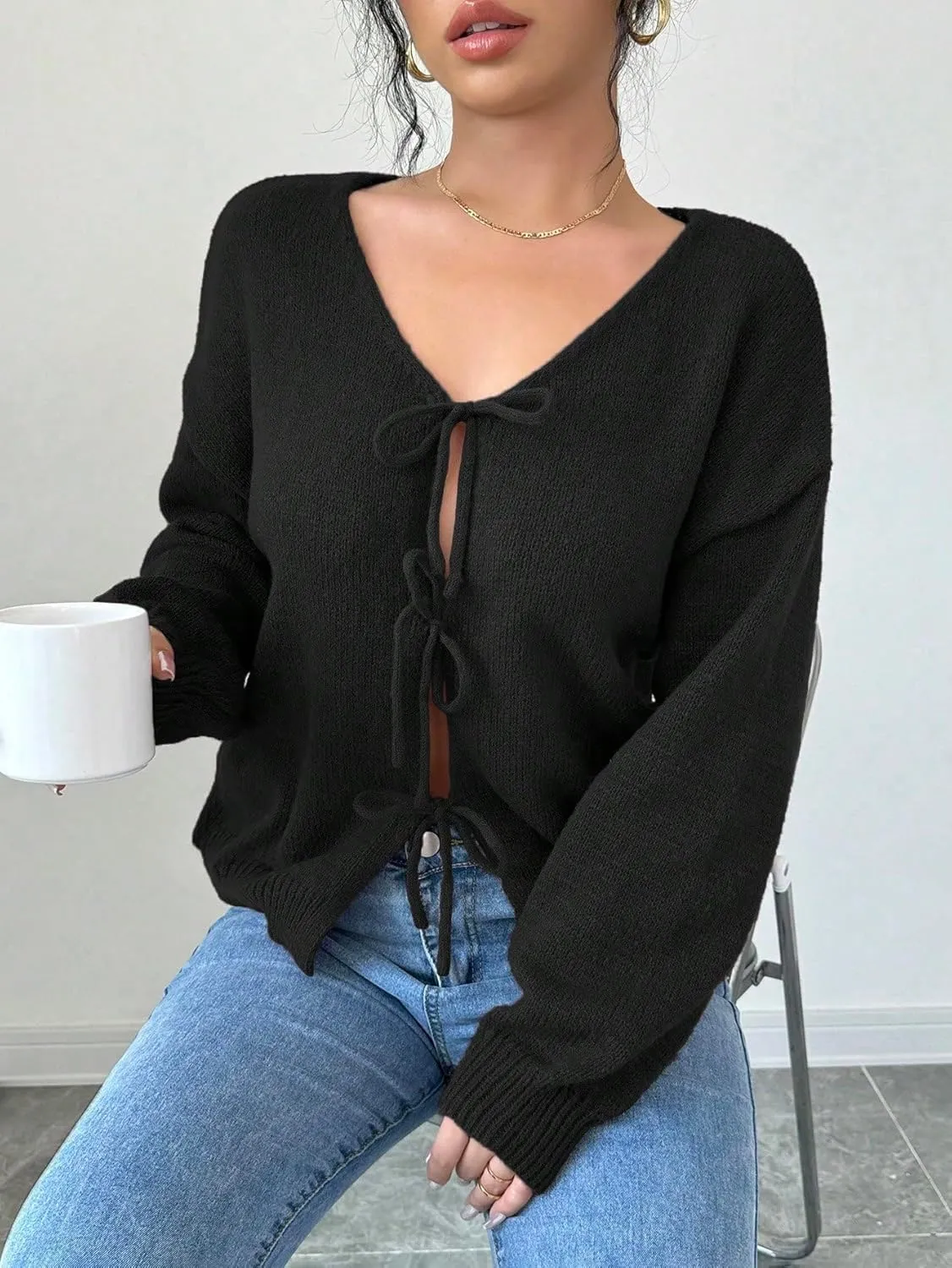 MakeMeChic Women's V Neck Tie Front Long Sleeve Sweater Cardigan Drop Shoulder Knitted Outerwear