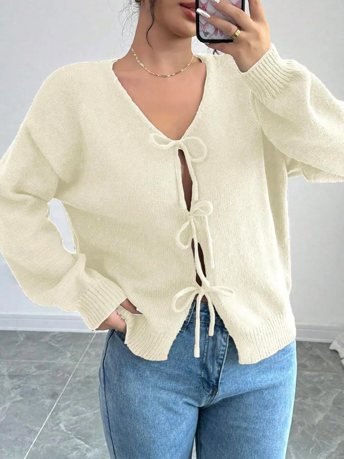 MakeMeChic Women's V Neck Tie Front Long Sleeve Sweater Cardigan Drop Shoulder Knitted Outerwear