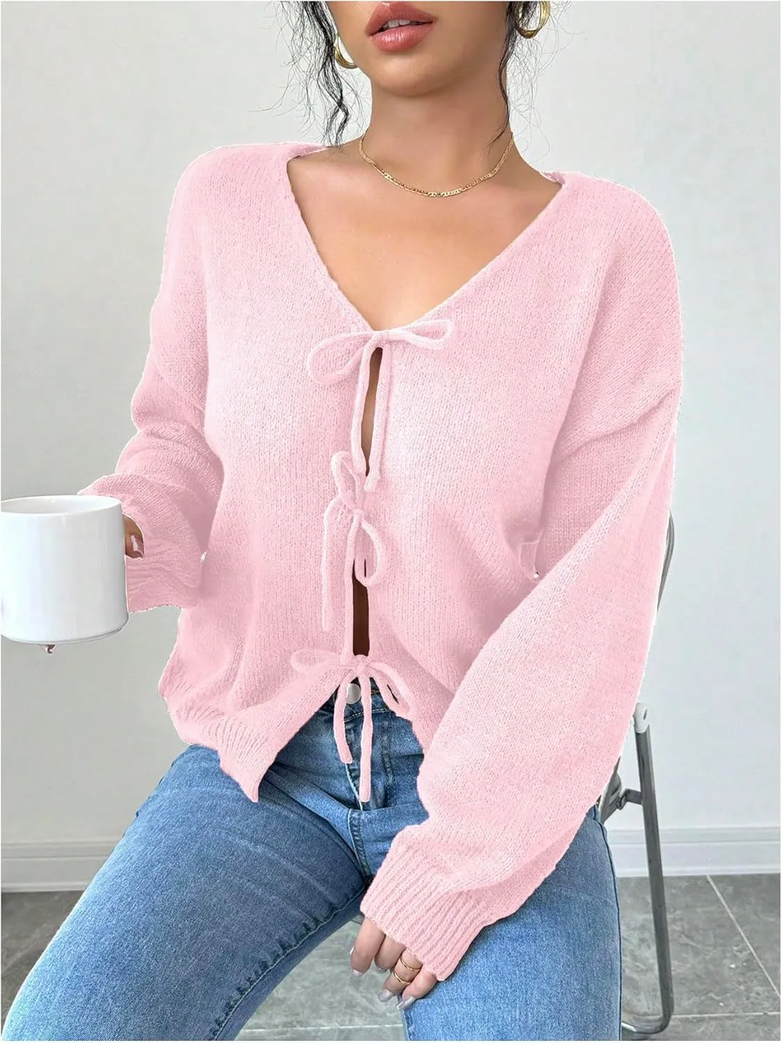 MakeMeChic Women's V Neck Tie Front Long Sleeve Sweater Cardigan Drop Shoulder Knitted Outerwear