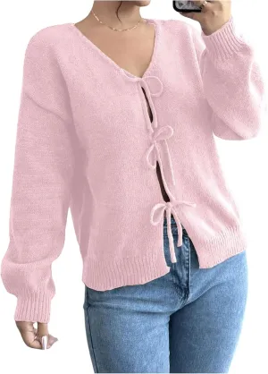 MakeMeChic Women's V Neck Tie Front Long Sleeve Sweater Cardigan Drop Shoulder Knitted Outerwear