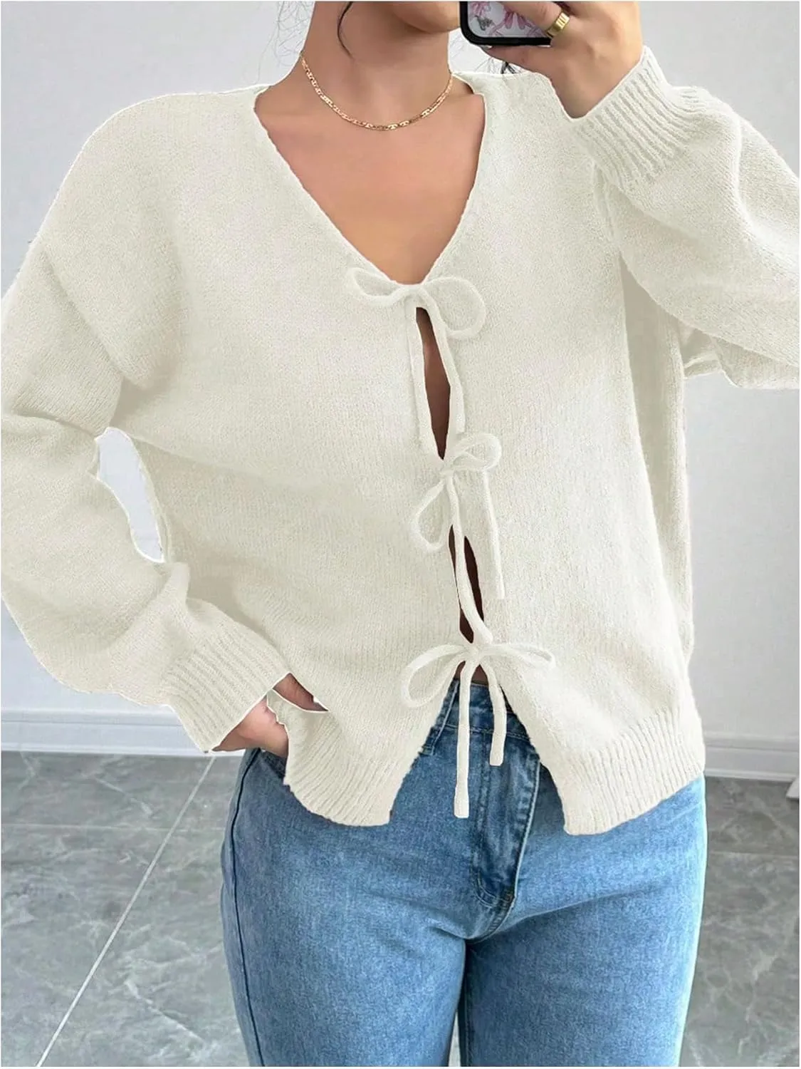 MakeMeChic Women's V Neck Tie Front Long Sleeve Sweater Cardigan Drop Shoulder Knitted Outerwear