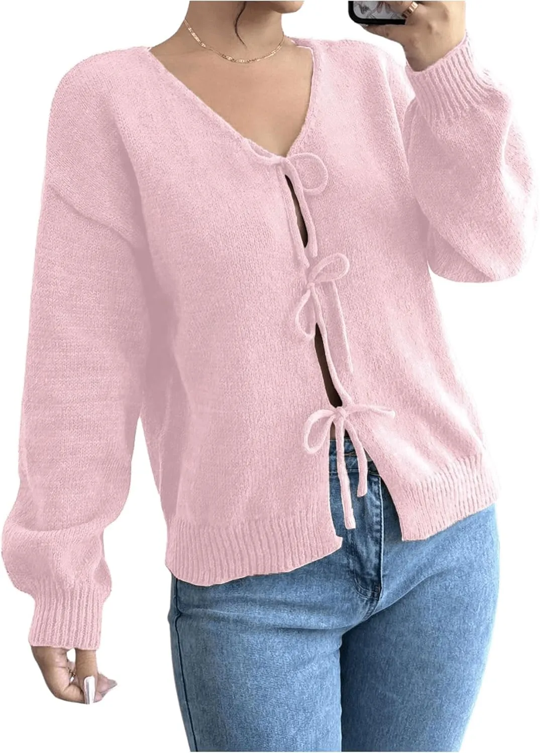 MakeMeChic Women's V Neck Tie Front Long Sleeve Sweater Cardigan Drop Shoulder Knitted Outerwear
