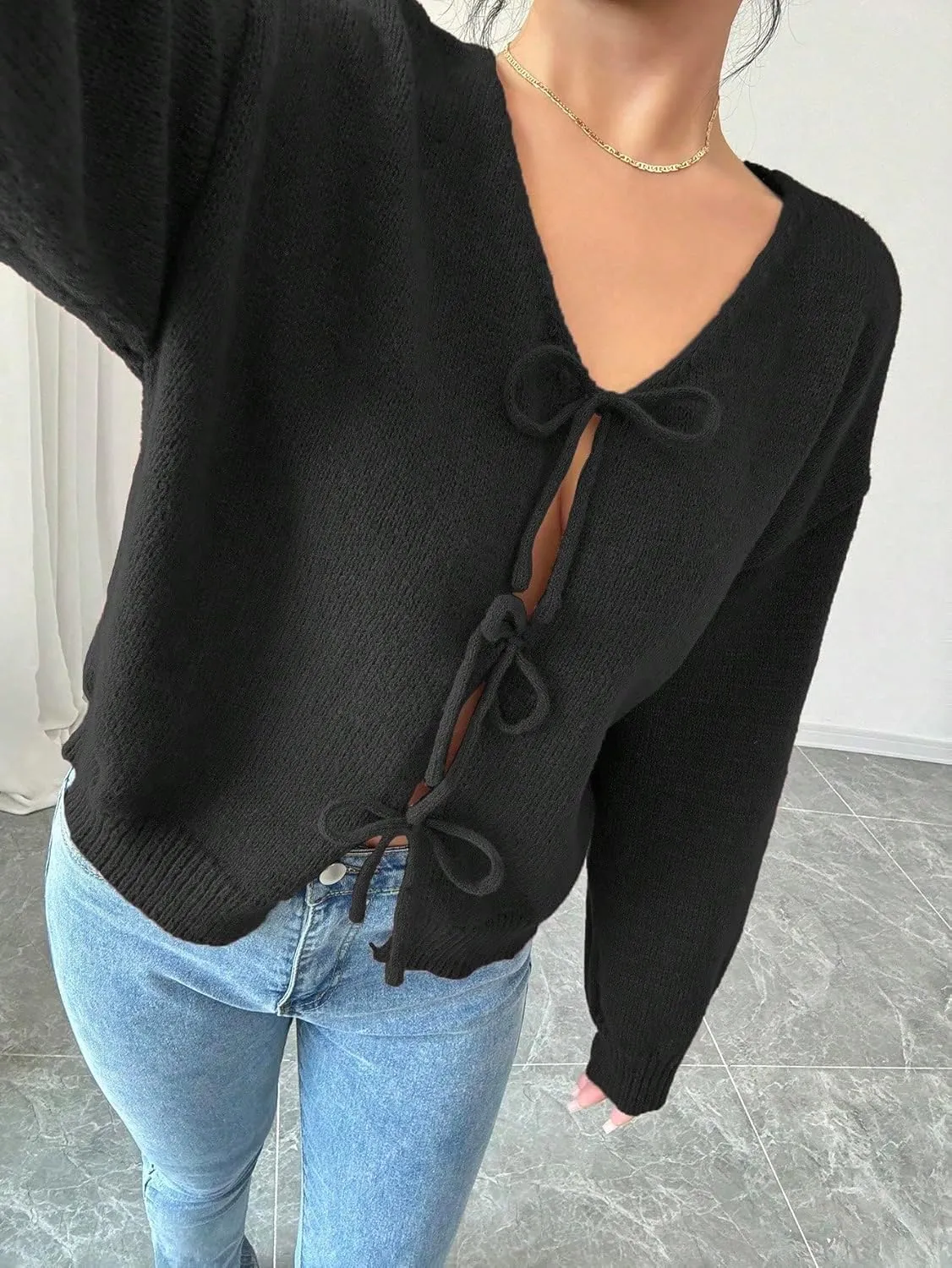 MakeMeChic Women's V Neck Tie Front Long Sleeve Sweater Cardigan Drop Shoulder Knitted Outerwear