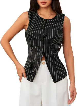 MakeMeChic Women's Vest Top Sleeveless Blazer Split Hem Button Down Dressy Suit Vest Outerwear Waistcoat