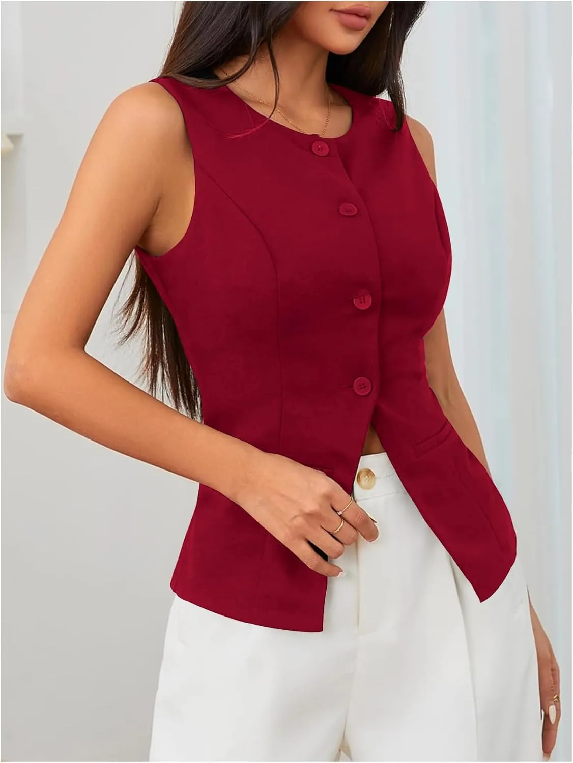 MakeMeChic Women's Vest Top Sleeveless Blazer Split Hem Button Down Dressy Suit Vest Outerwear Waistcoat