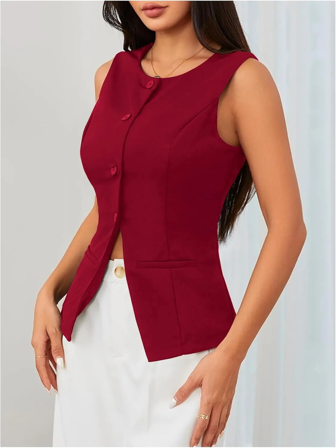 MakeMeChic Women's Vest Top Sleeveless Blazer Split Hem Button Down Dressy Suit Vest Outerwear Waistcoat