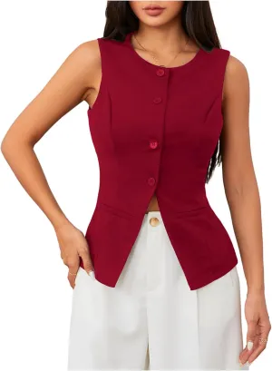MakeMeChic Women's Vest Top Sleeveless Blazer Split Hem Button Down Dressy Suit Vest Outerwear Waistcoat