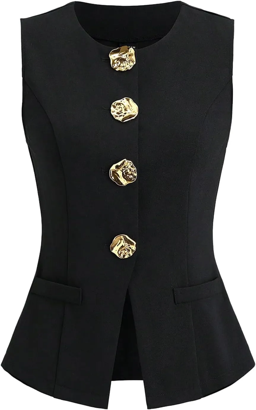 MakeMeChic Women's Vest Top Sleeveless Blazer Split Hem Button Down Dressy Suit Vest Outerwear Waistcoat