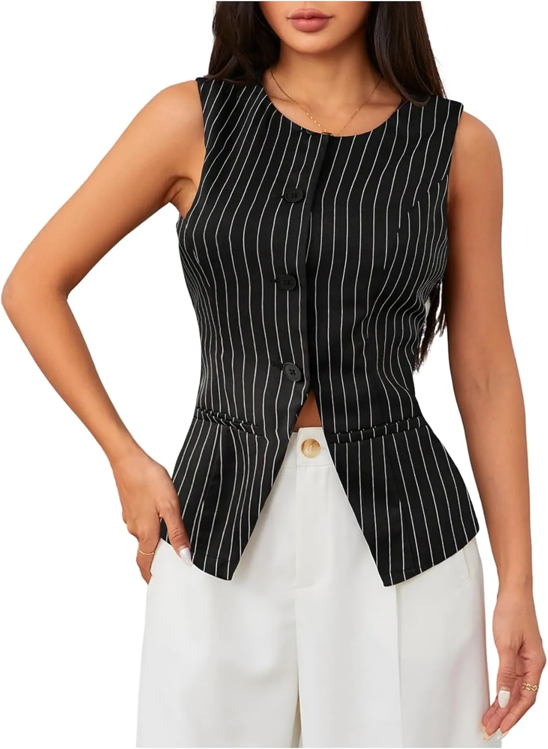 MakeMeChic Women's Vest Top Sleeveless Blazer Split Hem Button Down Dressy Suit Vest Outerwear Waistcoat