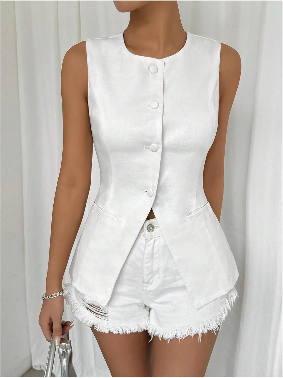 MakeMeChic Women's Vest Top Sleeveless Blazer Split Hem Button Down Dressy Suit Vest Outerwear Waistcoat