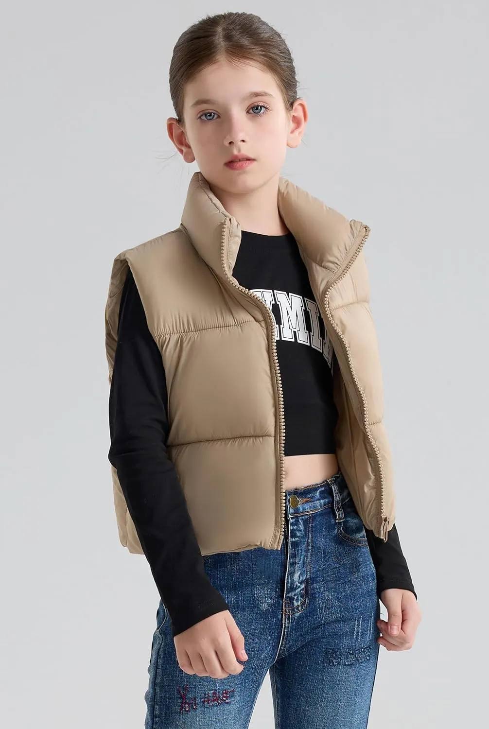 maoo garden Girls Winter Puffer Vest Faux-Down Short Cropped Lightweight Water-Resistant Big Girls Sleeveless Jacket