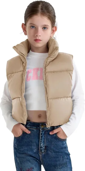 maoo garden Girls Winter Puffer Vest Faux-Down Short Cropped Lightweight Water-Resistant Big Girls Sleeveless Jacket