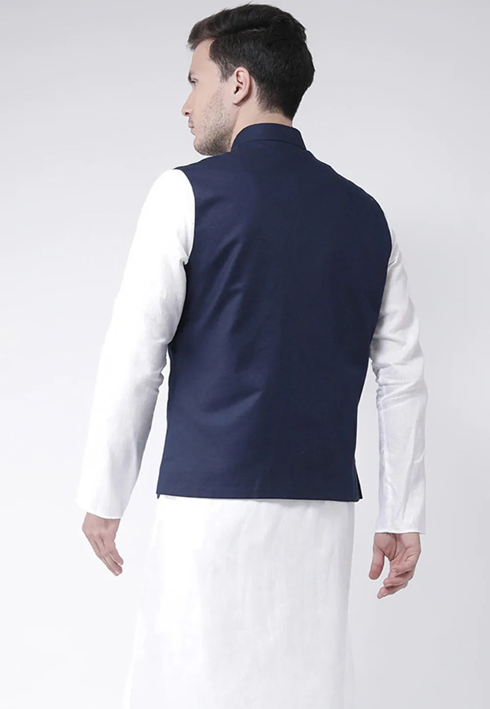 Men Blue & White Self Design Kurta With Nehru Jacket