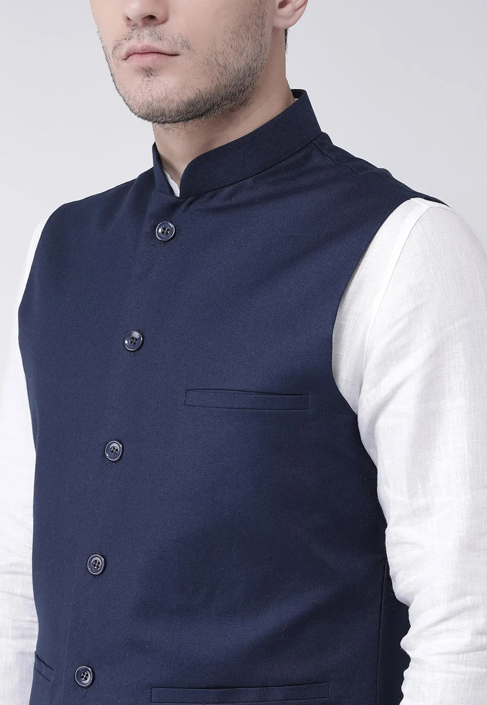 Men Blue & White Self Design Kurta With Nehru Jacket