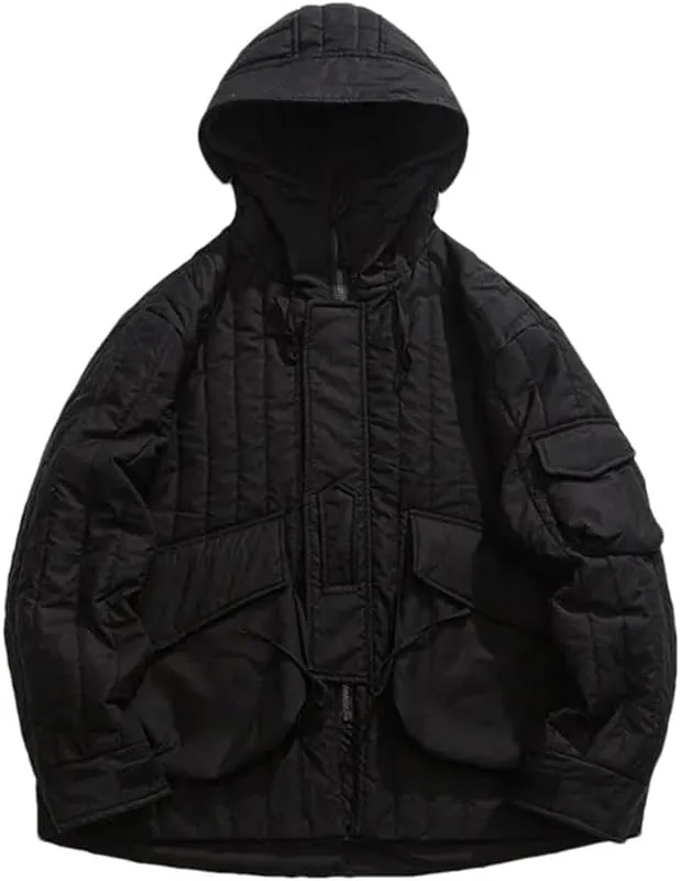 Men Solid Hooded Thick Parkas Jackets Vintage Oversized Big Pockets Cotton Padded Coat