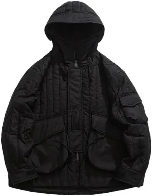 Men Solid Hooded Thick Parkas Jackets Vintage Oversized Big Pockets Cotton Padded Coat