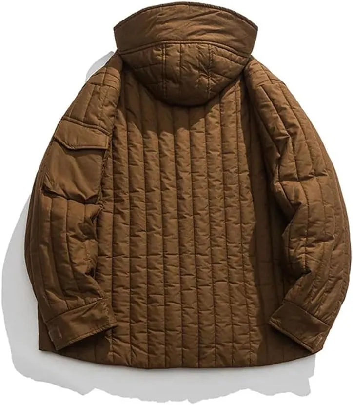 Men Solid Hooded Thick Parkas Jackets Vintage Oversized Big Pockets Cotton Padded Coat