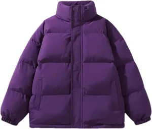 Men Zipper Button Stand Collar Cotton-Padded Casual Solid Color Long Sleeve Parka Coat
