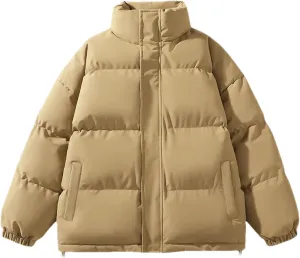 Men Zipper Button Stand Collar Cotton-Padded Casual Solid Color Long Sleeve Parka Coat