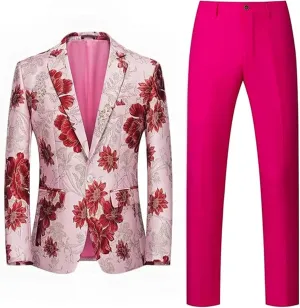 Mens 2 Piece Floral Dress Suit One Button Dinner Tuxedo Jacket & Pants Luxury Printed Wedding Blazer