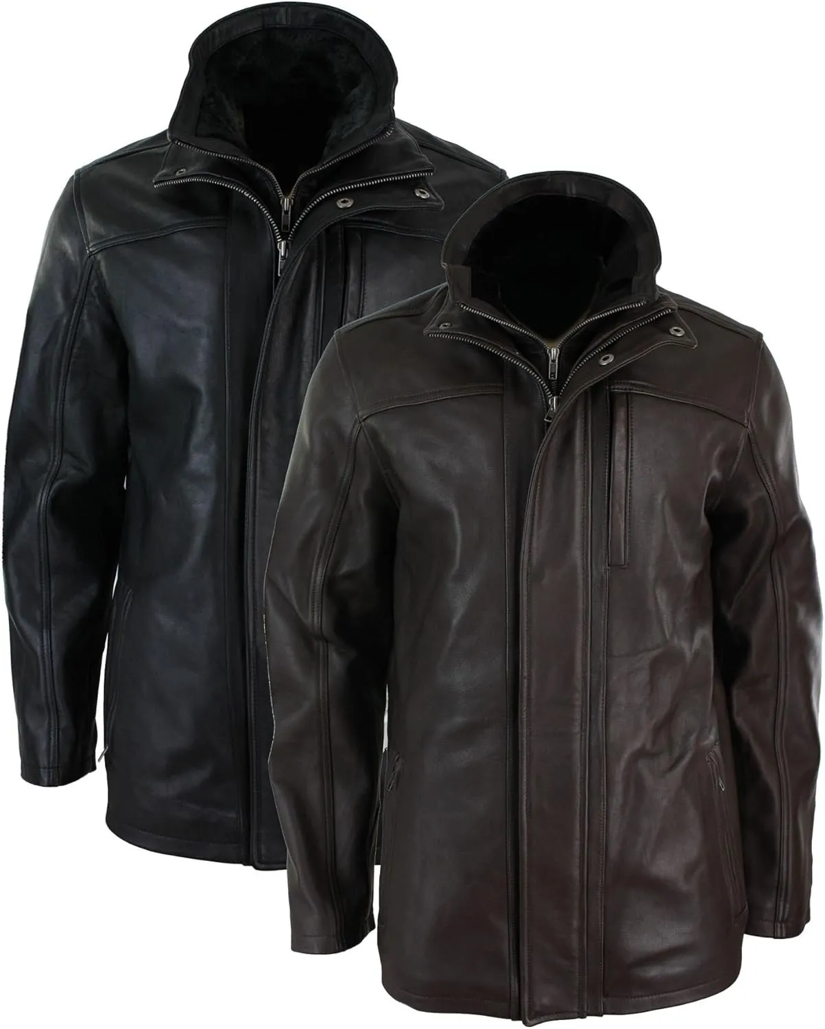 Mens 3/4 Real Leather Safari Jacket Overcoat Removable Double Zip Black Brown