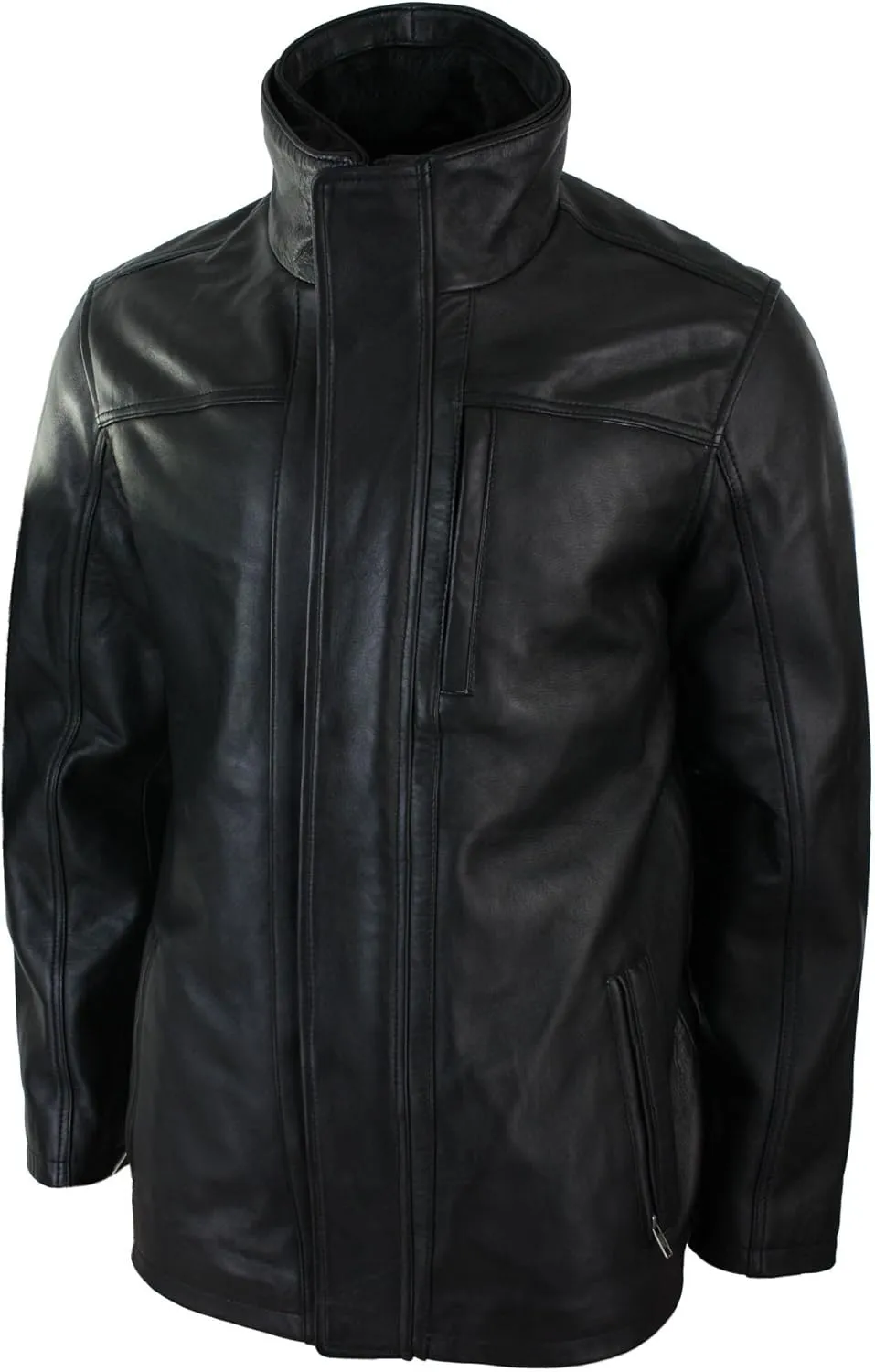 Mens 3/4 Real Leather Safari Jacket Overcoat Removable Double Zip Black Brown