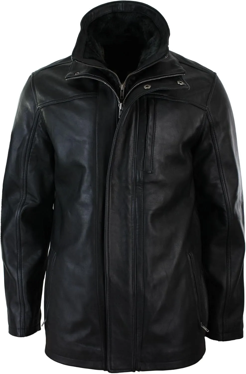 Mens 3/4 Real Leather Safari Jacket Overcoat Removable Double Zip Black Brown