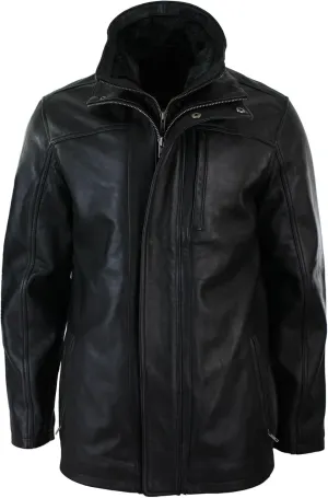 Mens 3/4 Real Leather Safari Jacket Overcoat Removable Double Zip Black Brown