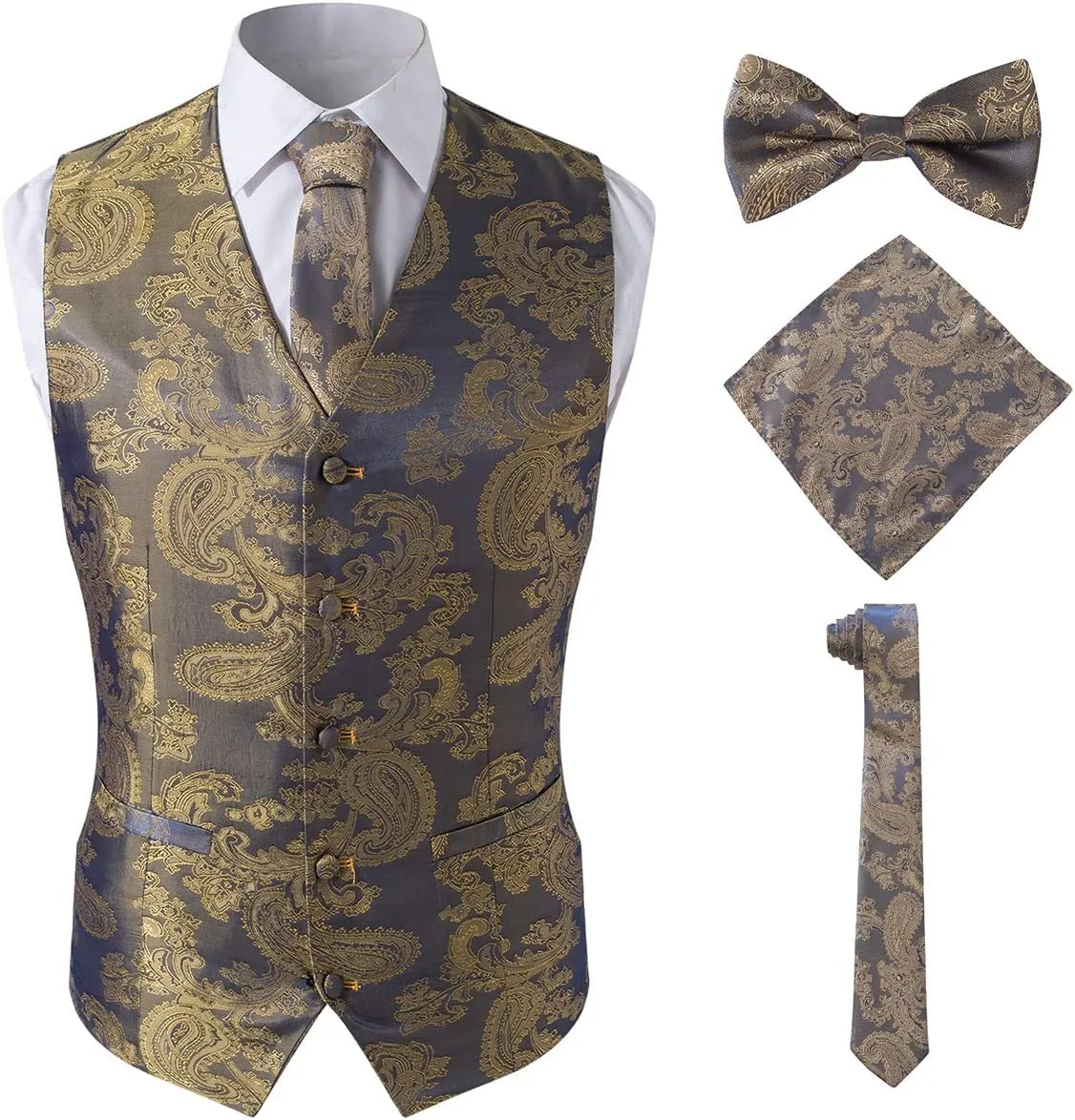 Men's Floral Party Dress Suit Stylish Dinner Gold Brocade Tuxedo Vest,Gold,4XL