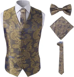 Men's Floral Party Dress Suit Stylish Dinner Gold Brocade Tuxedo Vest,Gold,4XL