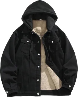 Men's Hoodie Fleece Lined Denim Jacket Long Sleeve Casual Button Down Trucker Coat Warm Winter Hooded Jackets