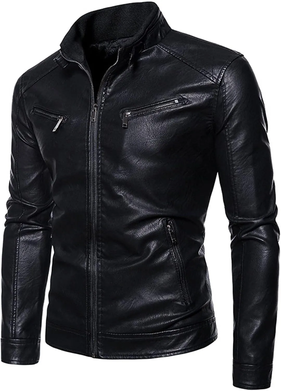 Mens Leather Jacket Slim Fit Motorcycle Jacket Lightweight Faux Leather Outwear Stand Collar Biker Coat