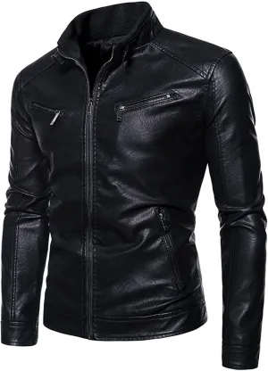 Mens Leather Jacket Slim Fit Motorcycle Jacket Lightweight Faux Leather Outwear Stand Collar Biker Coat