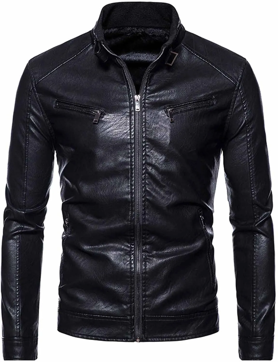 Mens Leather Jacket Slim Fit Motorcycle Jacket Lightweight Faux Leather Outwear Stand Collar Biker Coat