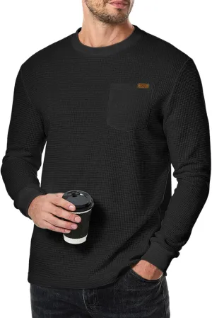 Men's Long Sleeve Shirt Casual Crewneck Lightweight Sweater Honeycomb Waffle Solid Knitted T Shirts with Pocket