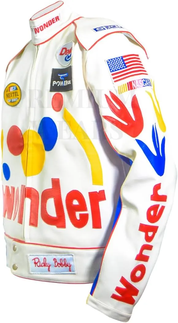 Men's Ricky Bobby Racing Nights Wonder The Bread Speed White Leather Motorcycle Jacket