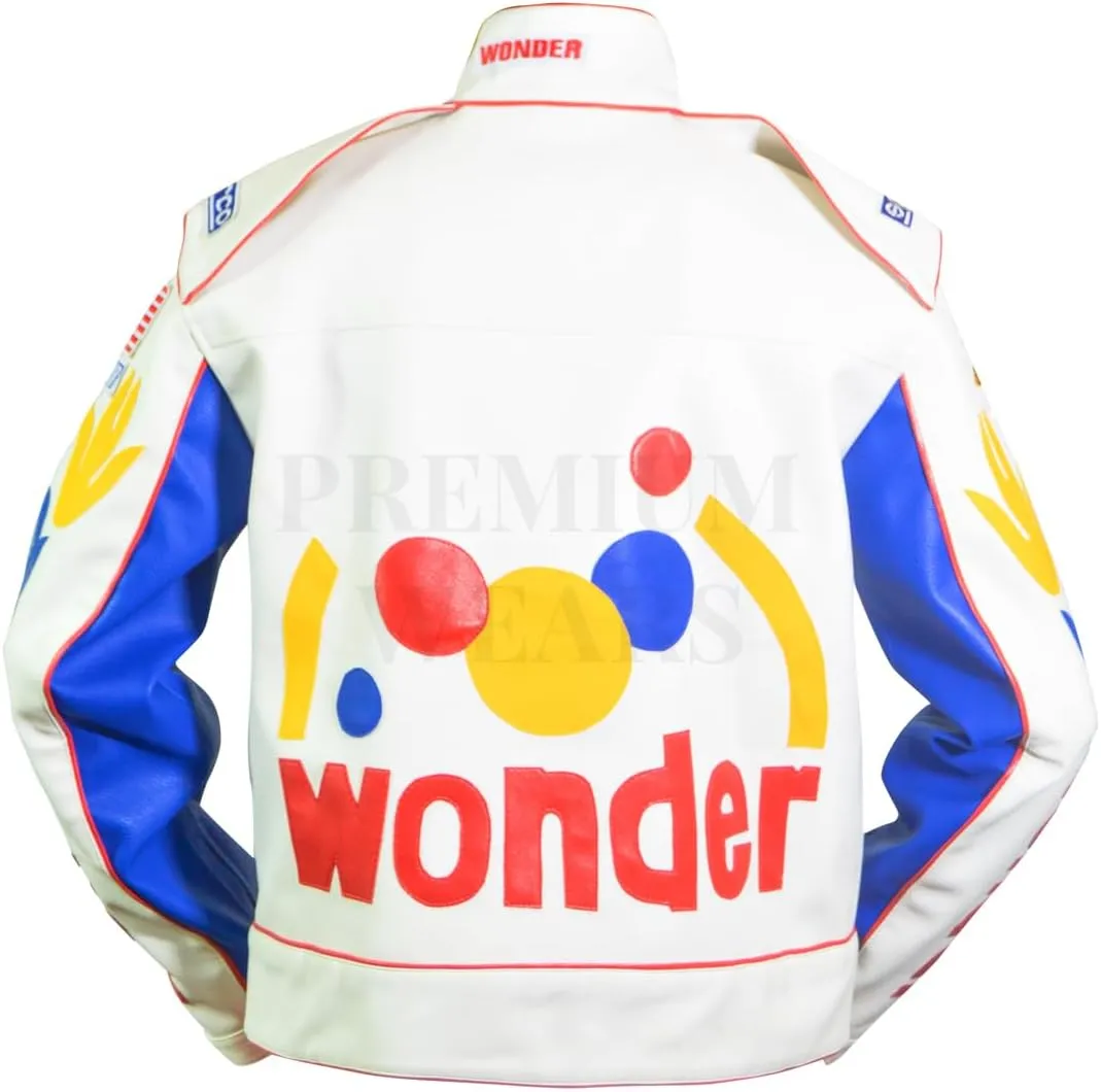 Men's Ricky Bobby Racing Nights Wonder The Bread Speed White Leather Motorcycle Jacket