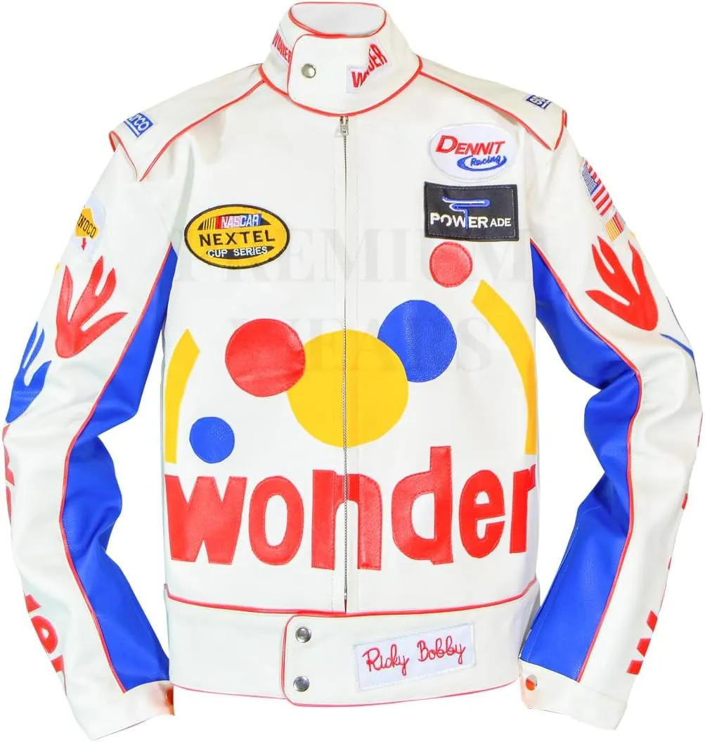 Men's Ricky Bobby Racing Nights Wonder The Bread Speed White Leather Motorcycle Jacket