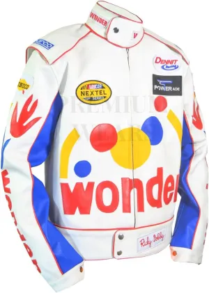 Men's Ricky Bobby Racing Nights Wonder The Bread Speed White Leather Motorcycle Jacket