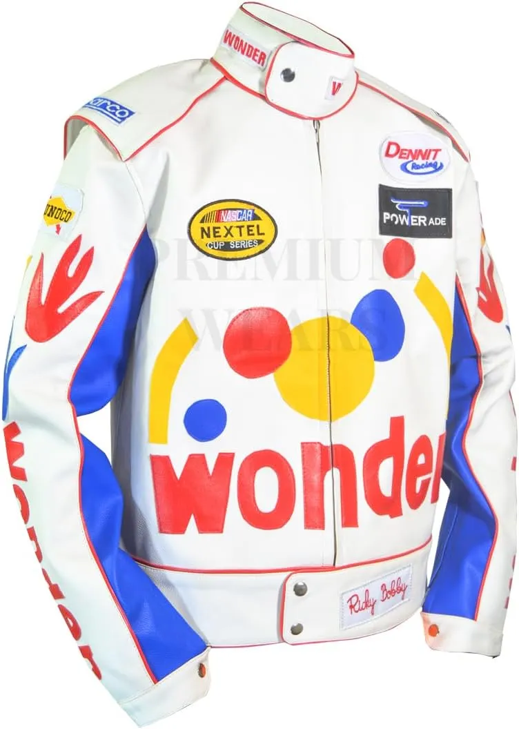 Men's Ricky Bobby Racing Nights Wonder The Bread Speed White Leather Motorcycle Jacket